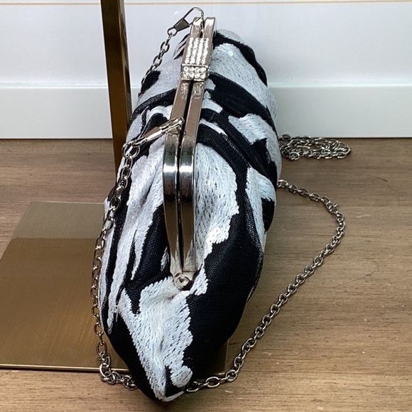 Lulu Townsend Black and Silver Sequins Clutch / Shoulder Bag with Floral Design - Picture 3 of 8